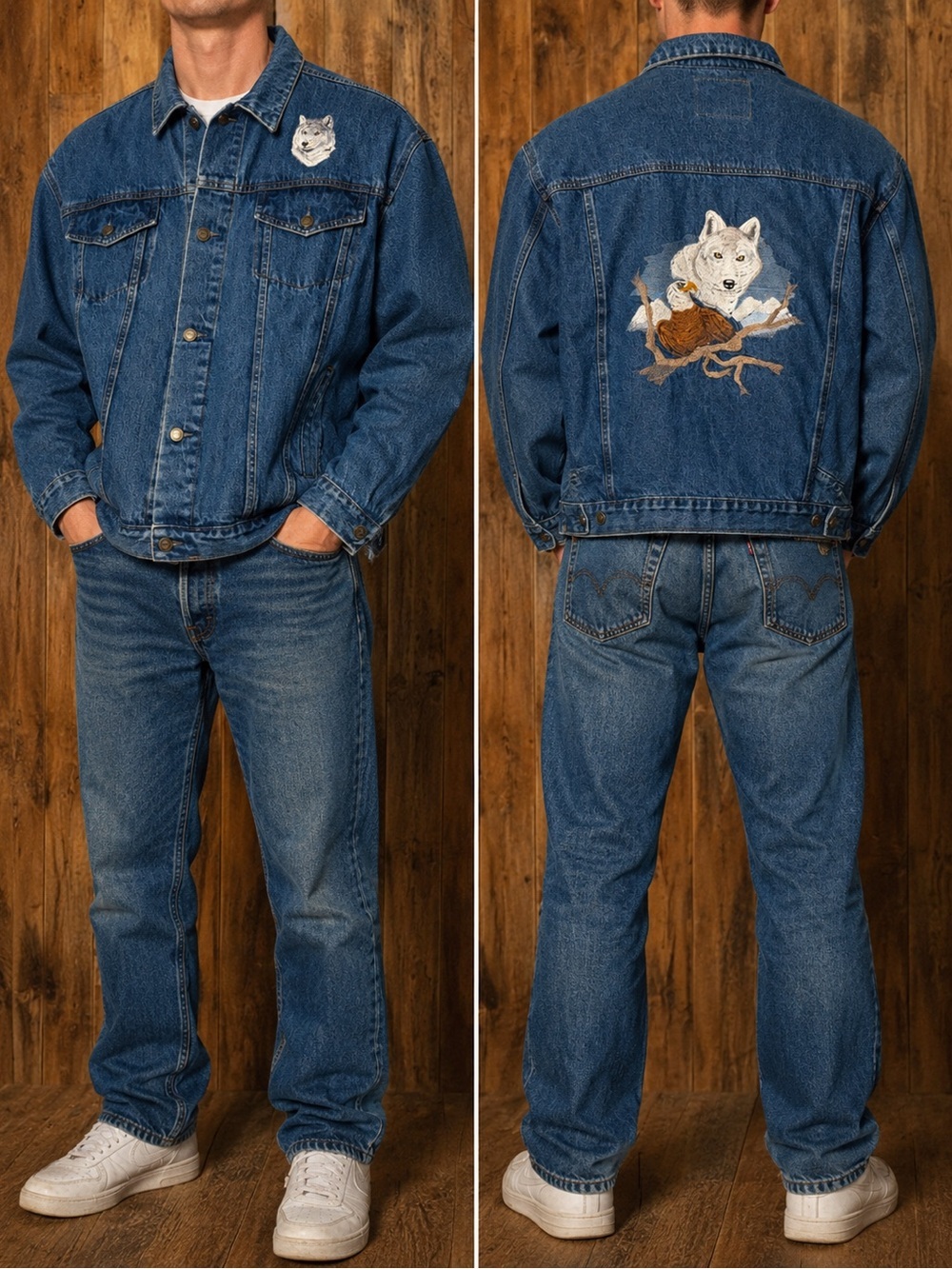 Vintage Cherokee Wolf Embroidered Denim Jacket Men’s Large 90s Western USA Style